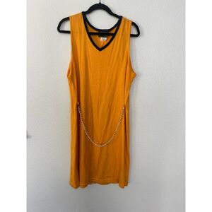 Vintage 70s MOD Retro Mustard Yellow Knit Disco Sheath Dress Twee with chain